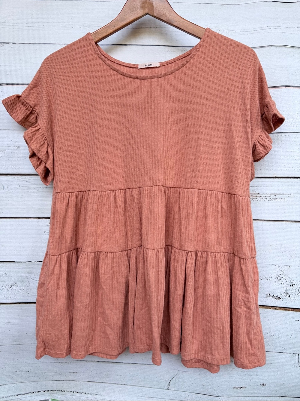 Mi Ami Ribbed Knit Tiered Babydoll Ruffle Sleeve Top Size Medium
